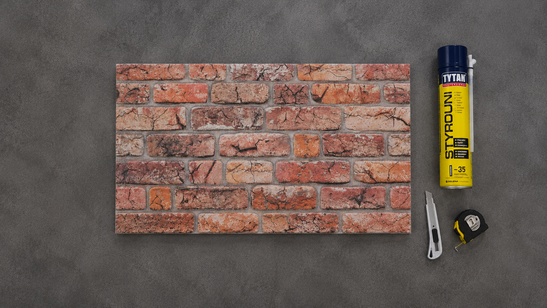 Brick effect wall panel with TYTAN Professional Foam Adhesive, utility knife, and tape measure arranged for a UK DIY installation guide